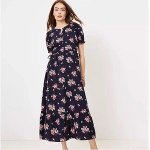 LOFT Navy Side Tie Floral Print Button Down Midi Dress // 6